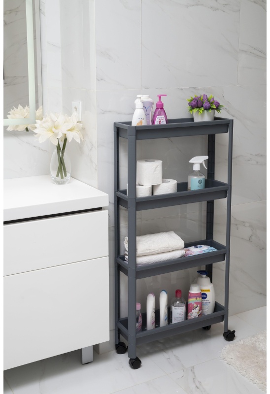 Этажерка М_VIKEA узкая 4-х ярусная на колесах, серый