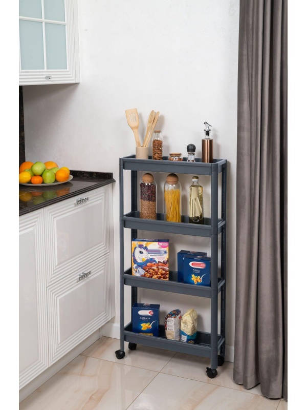 Этажерка М_VIKEA узкая 4-х ярусная на колесах, серый