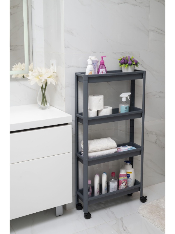 Этажерка М_VIKEA узкая 4-х ярусная на колесах, серый