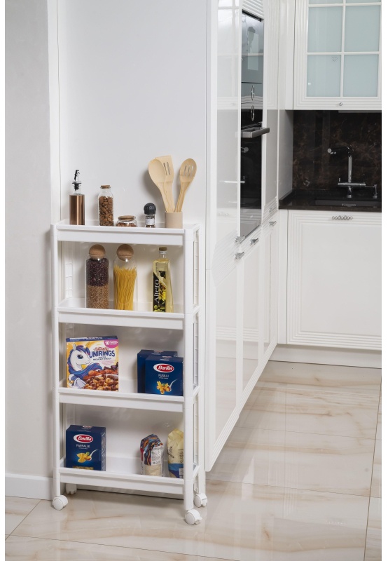 Этажерка М_VIKEA узкая 4-х ярусная на колесах, белый