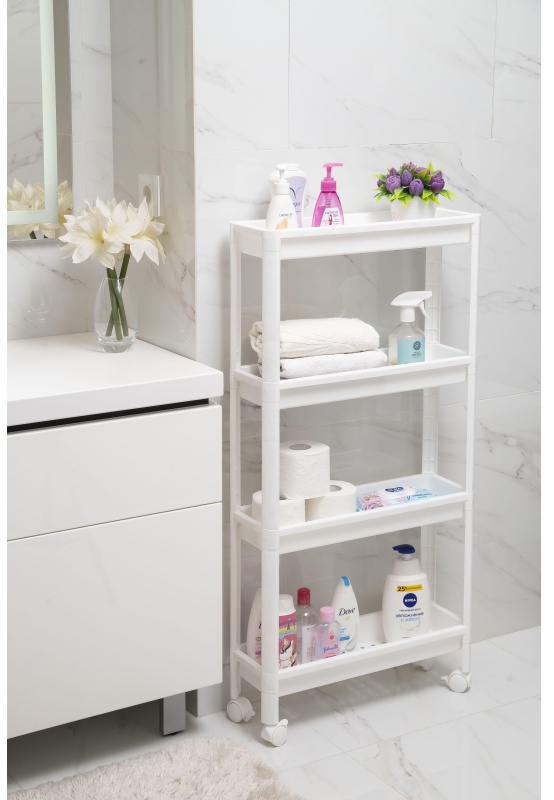 Этажерка М_VIKEA узкая 4-х ярусная на колесах, белый