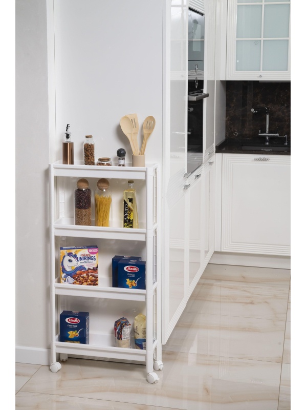 Этажерка М_VIKEA узкая 4-х ярусная на колесах, белый