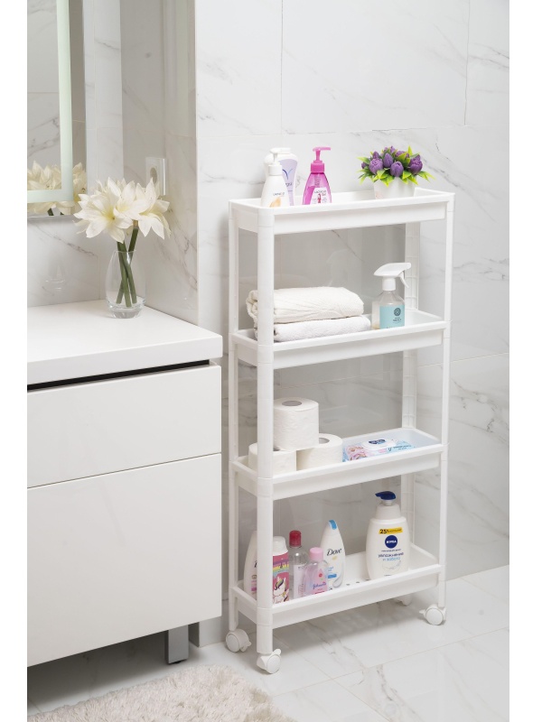 Этажерка М_VIKEA узкая 4-х ярусная на колесах, белый