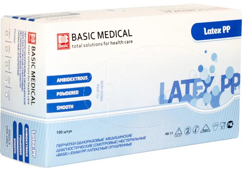 Мед.смотров. перчатки латекс., нестер., с пудрой Basic  (L) 50 п/уп