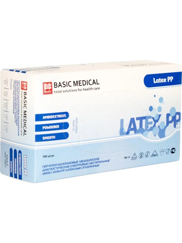 Мед.смотров. перчатки латекс., нестер., с пудрой Basic  (L) 50 п/уп