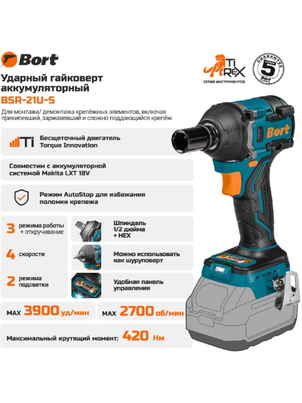 Гайковерт аккумуляторный BORT BSR-21U-S (без АКБ и ЗУ)