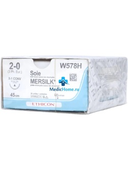 Шовный материал ШЕЛК 2/0, 45см, черн реж 22мм, 1/2 W578H 36 шт/уп