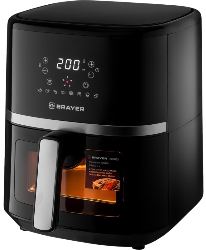 Аэрогриль BRAYER 2033BR,1350 Вт,6л,t.200С,съем.реш.таймер,LCD-дисп,8 прогр