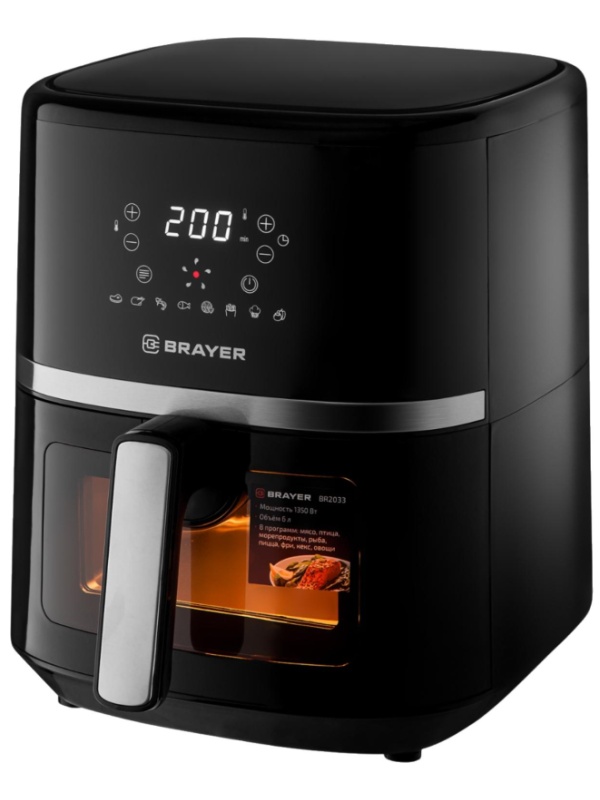 Аэрогриль BRAYER 2033BR,1350 Вт,6л,t.200С,съем.реш.таймер,LCD-дисп,8 прогр