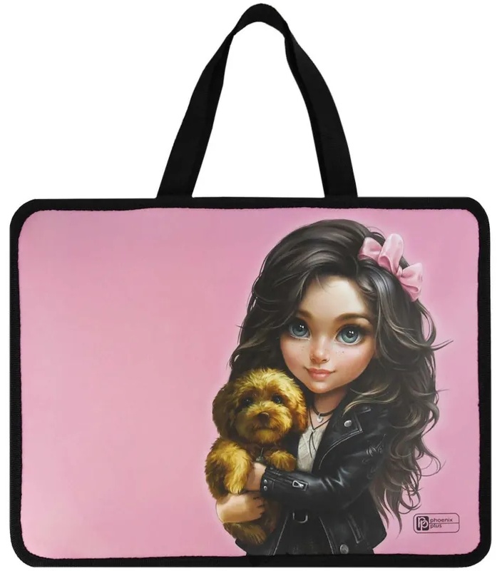 Папка для тетрадей БРЮНЕТКА С СОБАЧКОЙ ,А4,1отдел,молния,дно с расш/69274