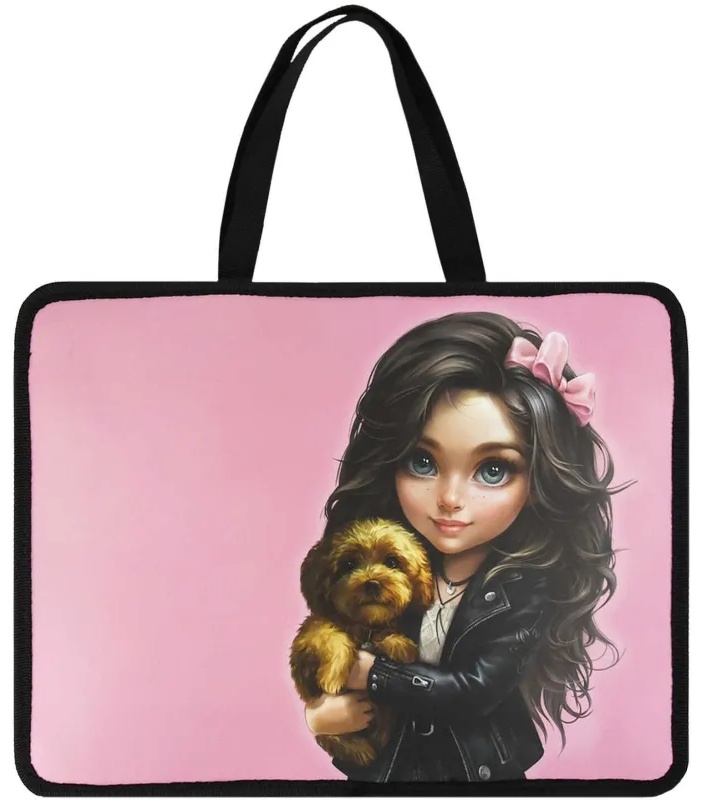 Папка для тетрадей БРЮНЕТКА С СОБАЧКОЙ ,А4,1отдел,молния,дно с расш/69274