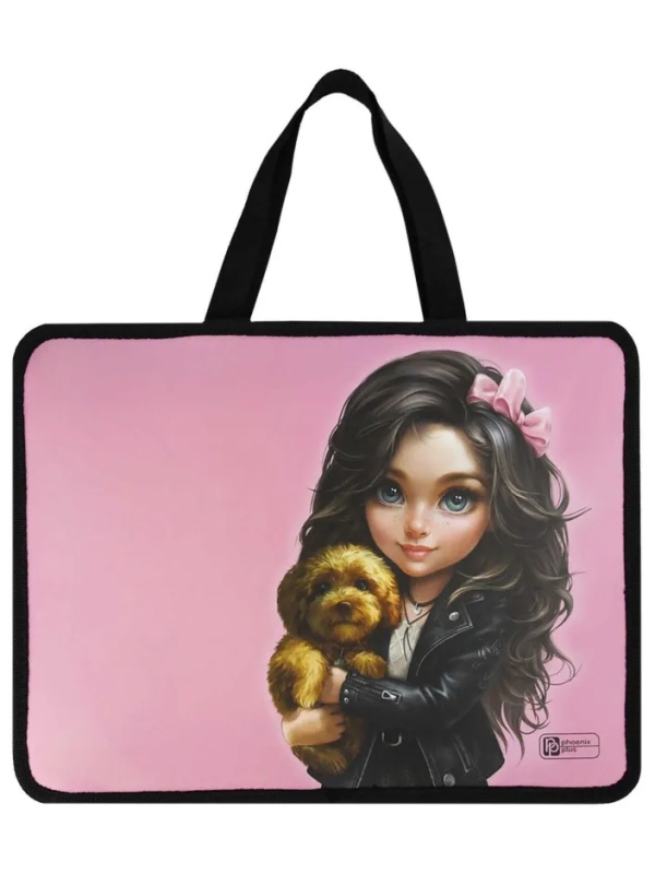 Папка для тетрадей БРЮНЕТКА С СОБАЧКОЙ ,А4,1отдел,молния,дно с расш/69274