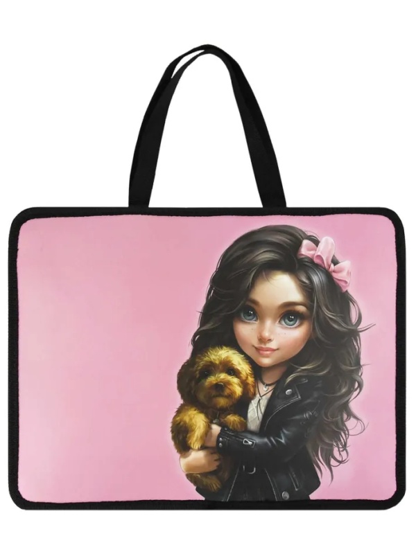 Папка для тетрадей БРЮНЕТКА С СОБАЧКОЙ ,А4,1отдел,молния,дно с расш/69274