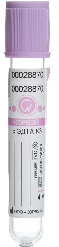 Вакуумные пробирки с ЭДТА-К3, 4мл, 13х75 мм Корвэй 100шт/уп