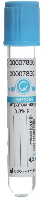 Вакуумные пробирки с Na цитрат 3,8% 4,5мл, 13х75 мм Корвэй 100шт/уп