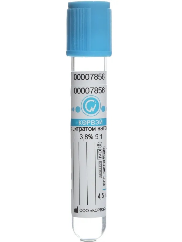 Вакуумные пробирки с Na цитрат 3,8% 4,5мл, 13х75 мм Корвэй 100шт/уп