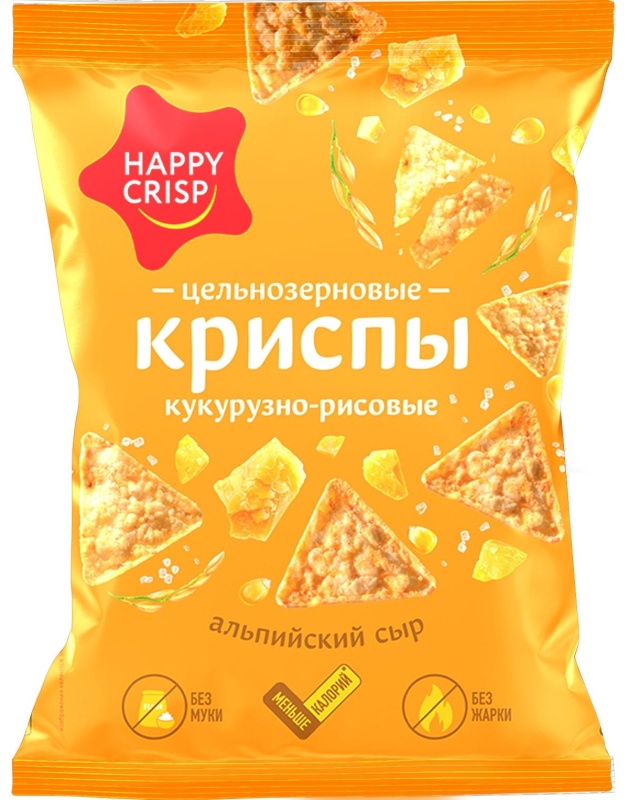 Криспы кукурузно-рисовые HAPPY CRISP цельнозернов альпийск сыр, 50гx18шт/уп