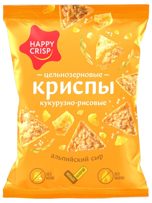 Криспы кукурузно-рисовые HAPPY CRISP цельнозернов альпийск сыр, 50гx18шт/уп