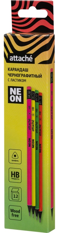 Карандаш чернографитный Attache пластик, трехгранн, с ластиком, ассорти