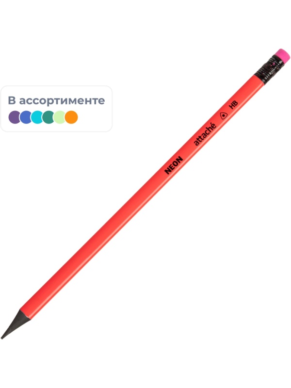 Карандаш чернографитный Attache пластик, трехгранн, с ластиком, ассорти