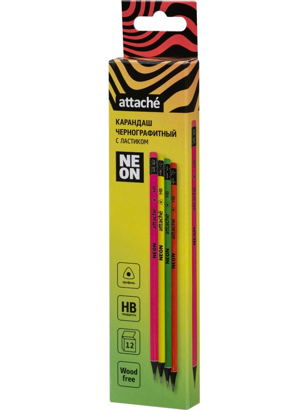 Карандаш чернографитный Attache пластик, трехгранн, с ластиком, ассорти