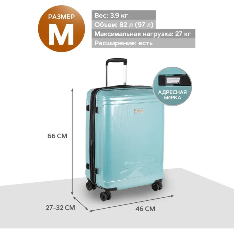 Чемодан Р1936 (3-ой) Blue голубой (24) пластик ABS средний