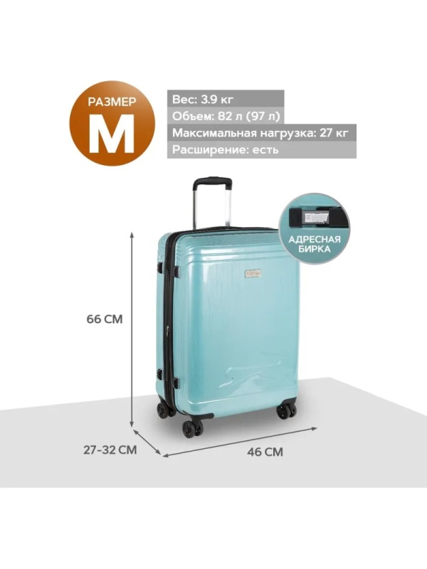 Чемодан Р1936 (3-ой) Blue голубой (24) пластик ABS средний