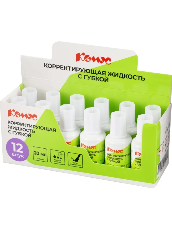 Корректирующая жидкость 20мл Комус на быстросохнущей основе, губка