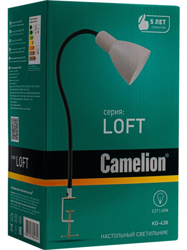 Светильник KD-438 C01 бел. струбцина, Е27, 40 Вт, металл