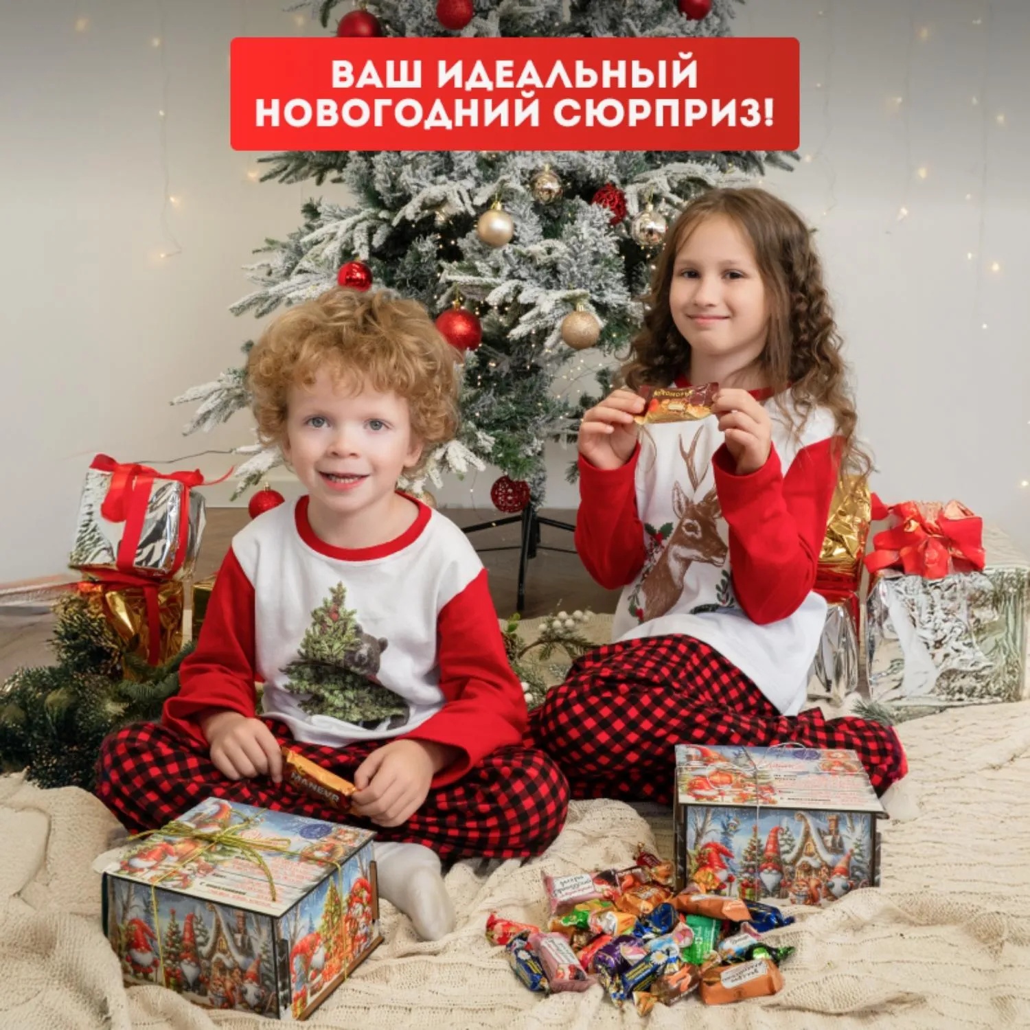 Новогодний сладкий подарок Посылка Гномы Фанера 500 грамм, K003