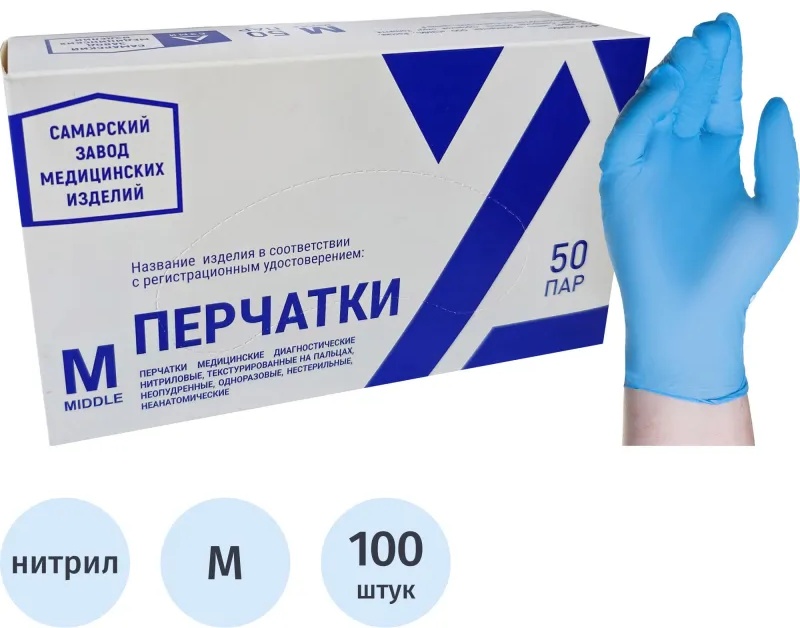 Перчатки нитрил., нестер., н/о, синий СЗМИ  (M) 50пар/уп