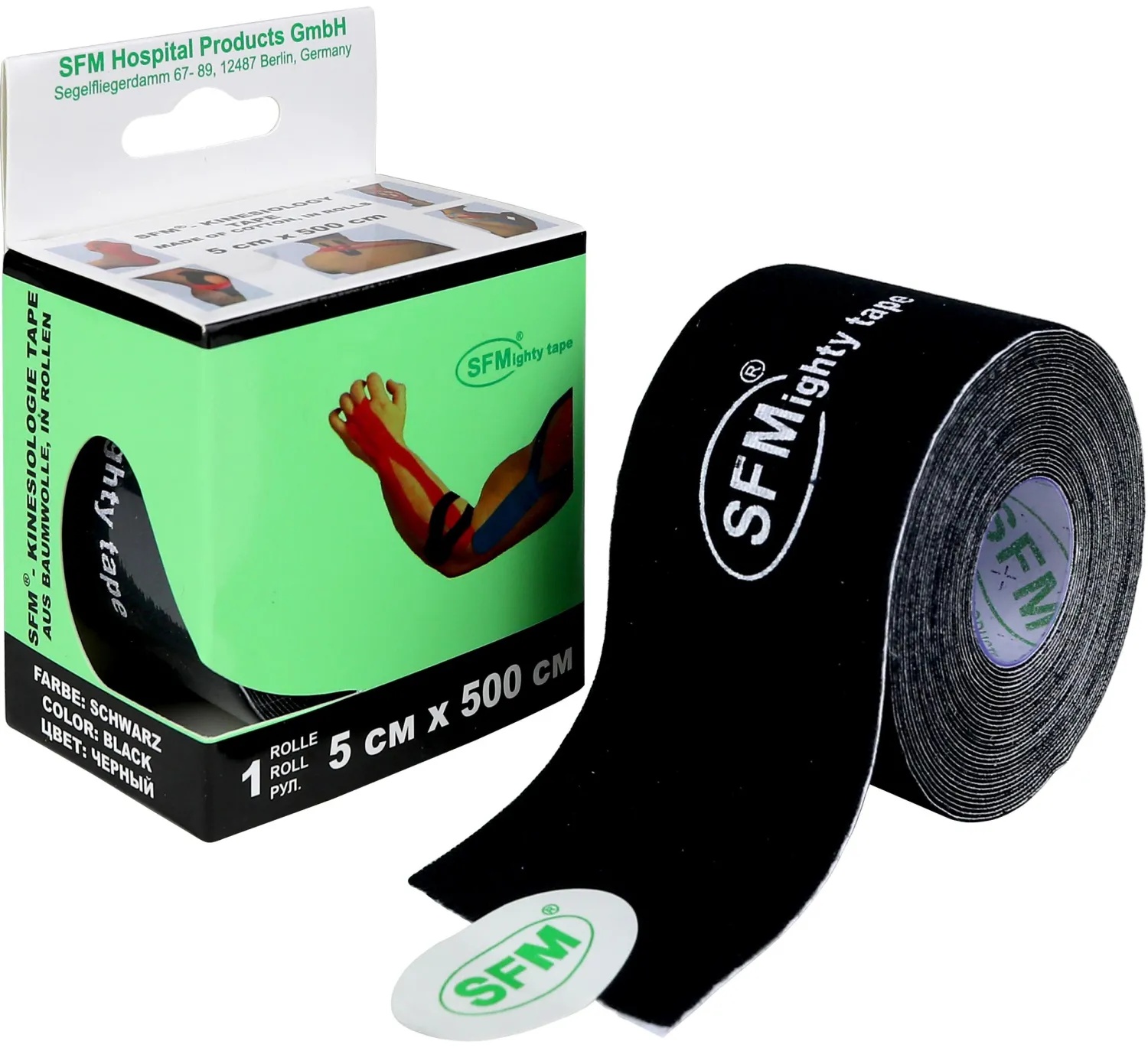 Тейп кинезио, хлоковая основа, 5х500 см, черн, SFM-Plaster