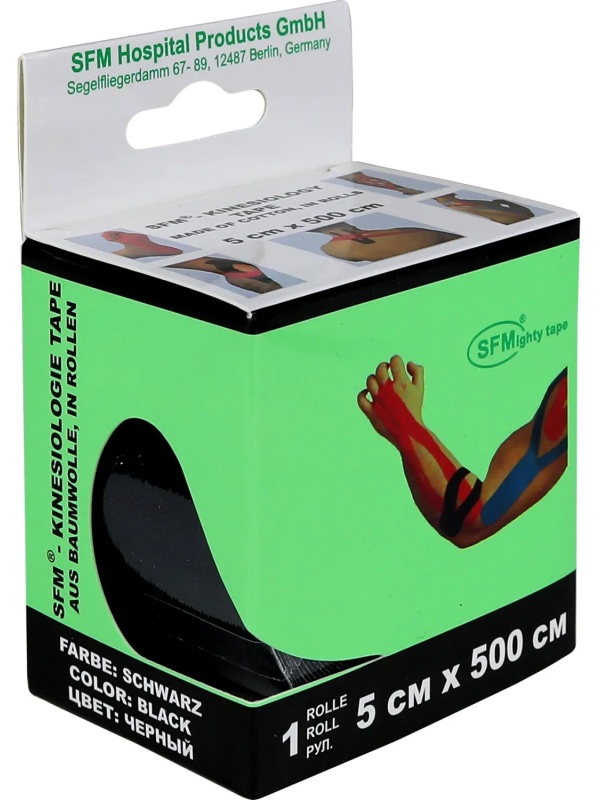 Тейп кинезио, хлоковая основа, 5х500 см, черн, SFM-Plaster