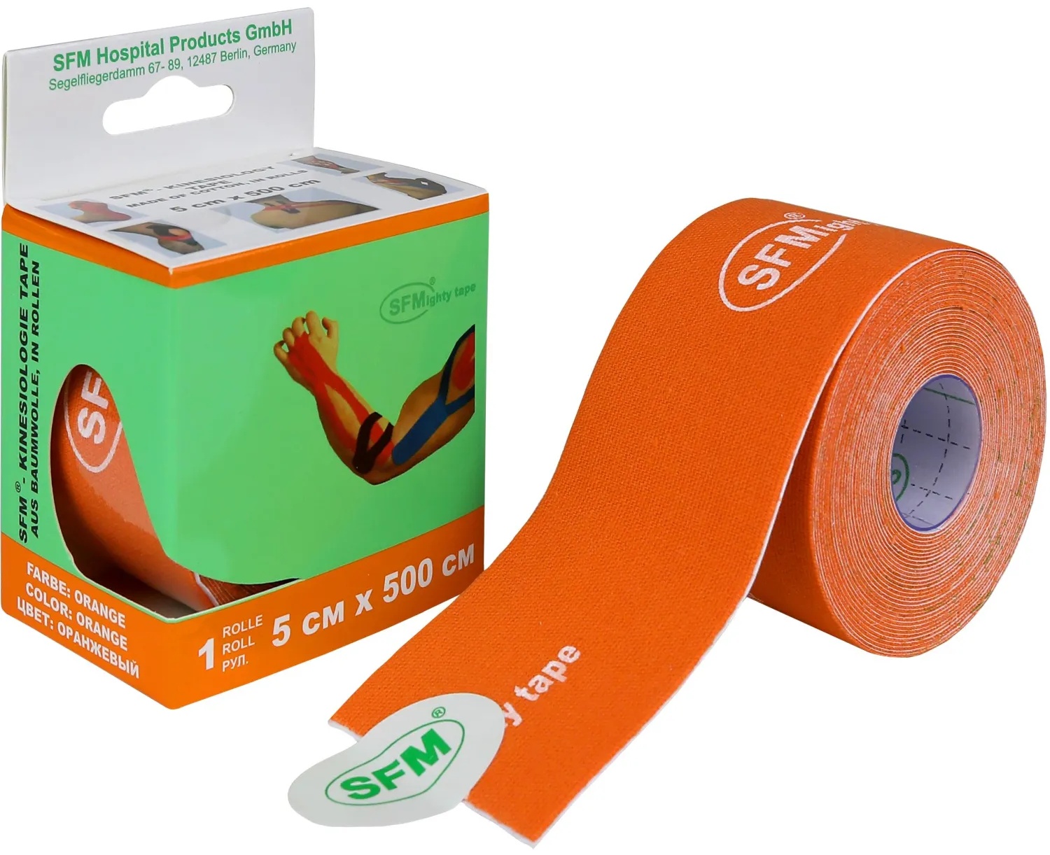 Тейп кинезио, хлоковая основа, 5х500 см, оранж, SFM-Plaster