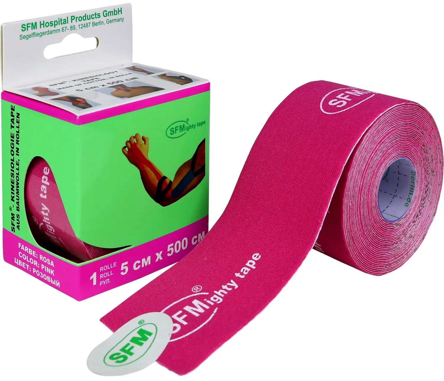 Тейп кинезио, хлоковая основа, 5х500 см, розовый, SFM-Plaster