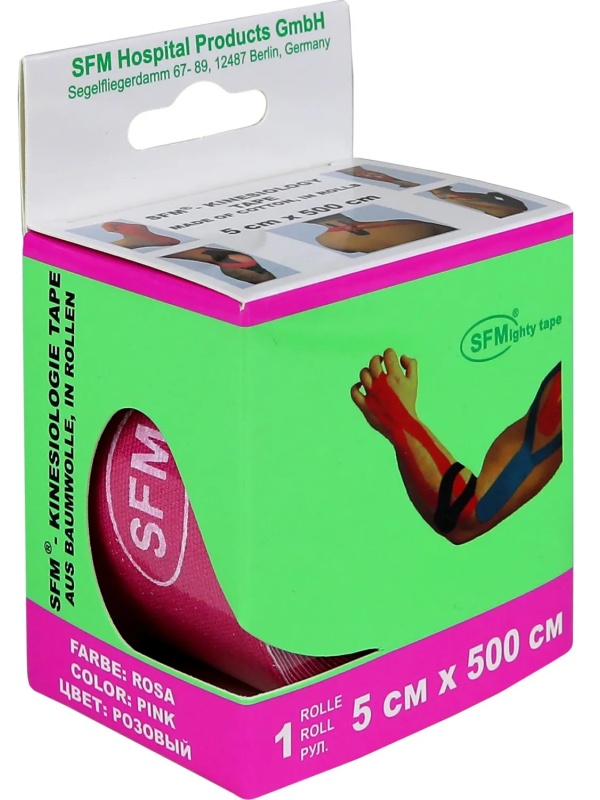 Тейп кинезио, хлоковая основа, 5х500 см, розовый, SFM-Plaster