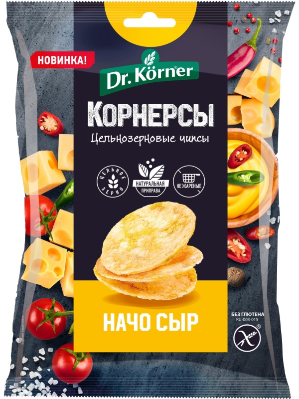 Чипсы Dr.Korner цельноз. кукурузно-рисовые с сыром начо, 50гx14шт/уп