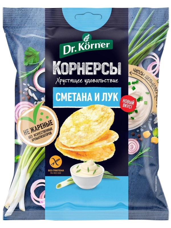 Чипсы Dr.Korner цельноз. кукурузно-рисовые со смет и зел. лук, 50гx14шт/уп
