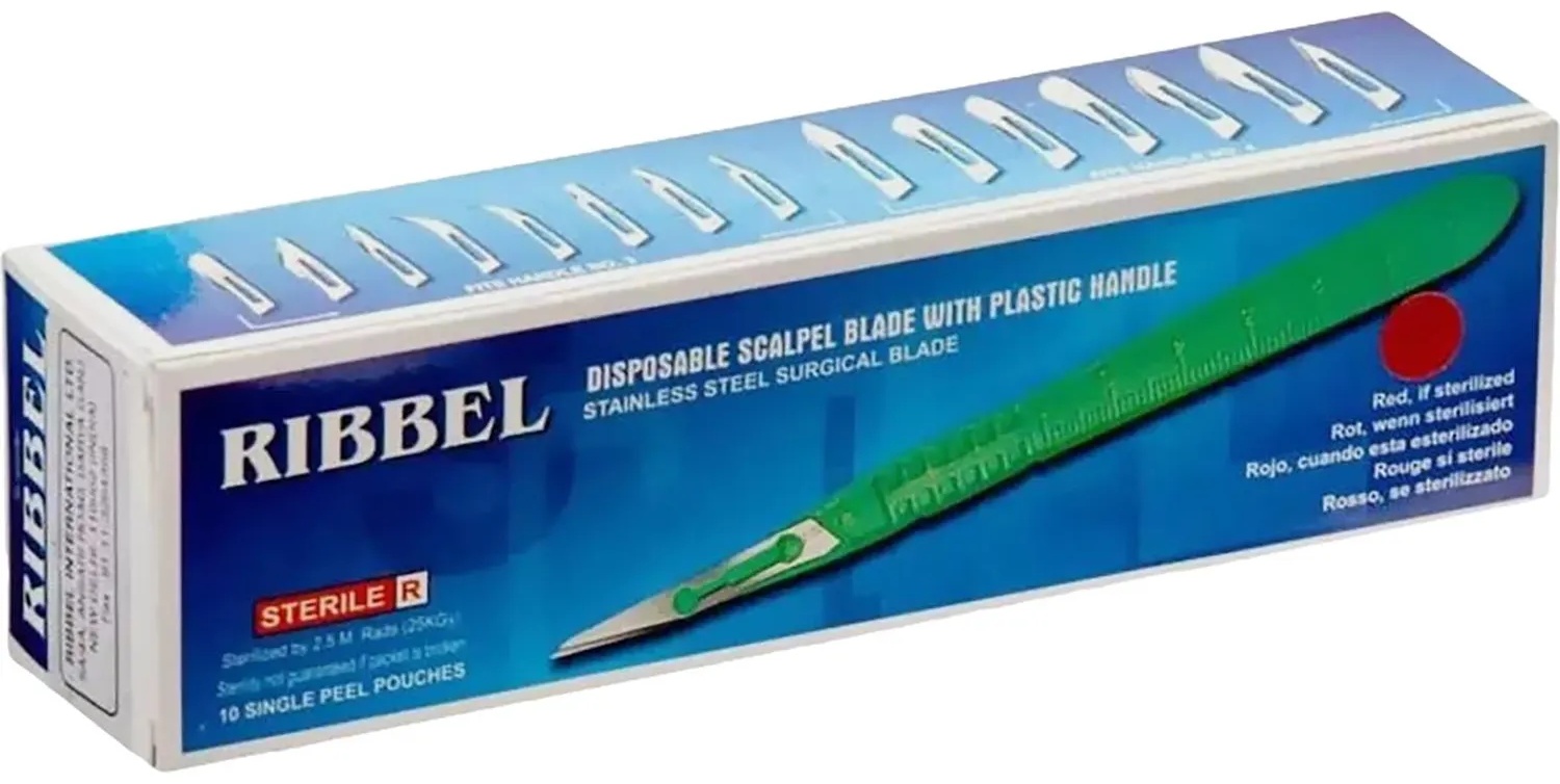 Скальпель хирург, однор., лезвие из нерж.стали р-15, RIBBEL 10шт/уп