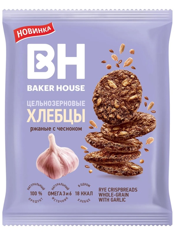 Хлебцы цельнозерновые Baker House ржаные с чесноком, 50г