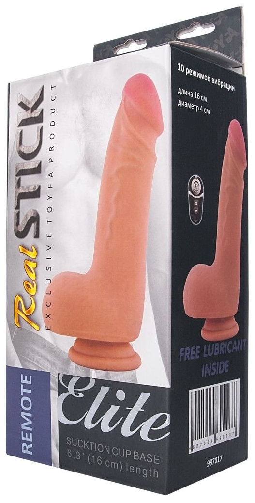 Телесный вибратор REALSTICK ELITE VIBRO с пультом ДУ - 19 см.