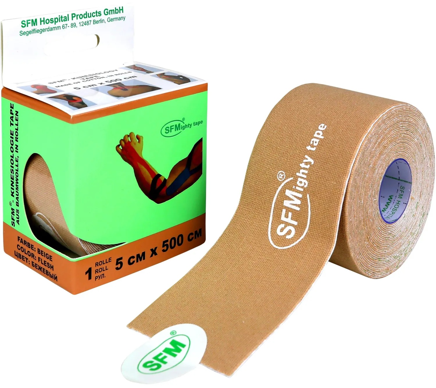 Тейп кинезио, хлоковая основа, 5х500 см, бежевый, SFM-Plaster