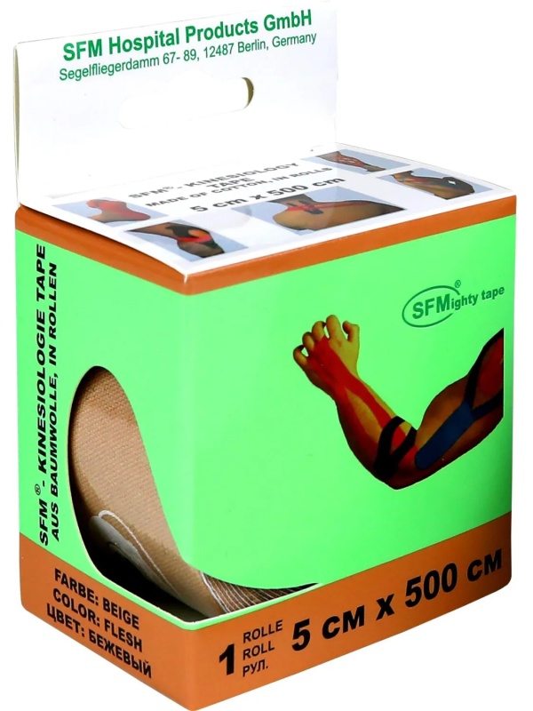 Тейп кинезио, хлоковая основа, 5х500 см, бежевый, SFM-Plaster